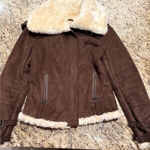 Express Chocolate Teddy Jacket with Cream Accents size small